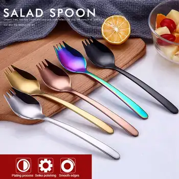 

creative 2-in-1 double fork spoon Stainless steel 304 spoon fork One-piece pasta Salad spoon fork cutlery