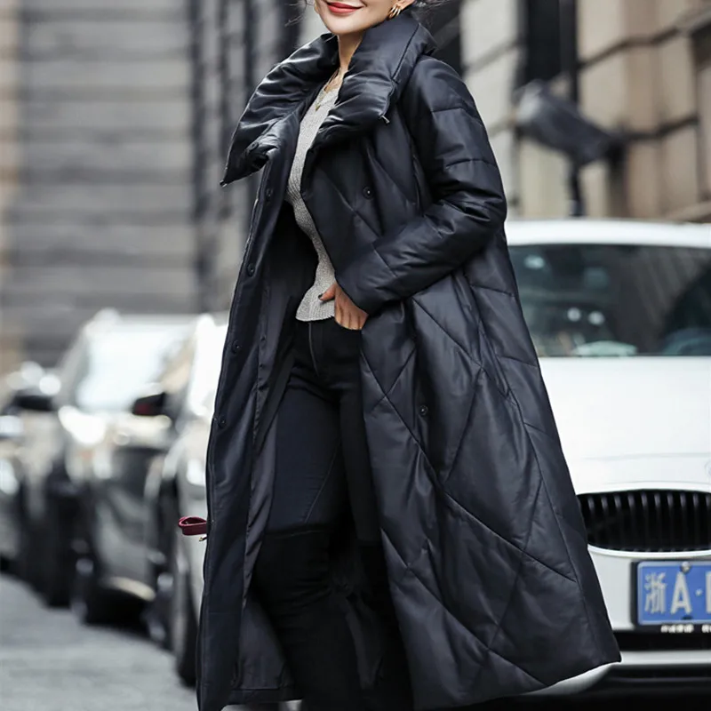 Women's Genuine Leather Down Coat, Full Long Sheepskin Jacket, Warm Outwear, Large Size Parkas, Lady Thick Overcoats, Winter black genuine leather long turn down collar full sleeves spring real sheepskin jacket women 3xl plus size office lady overcoats