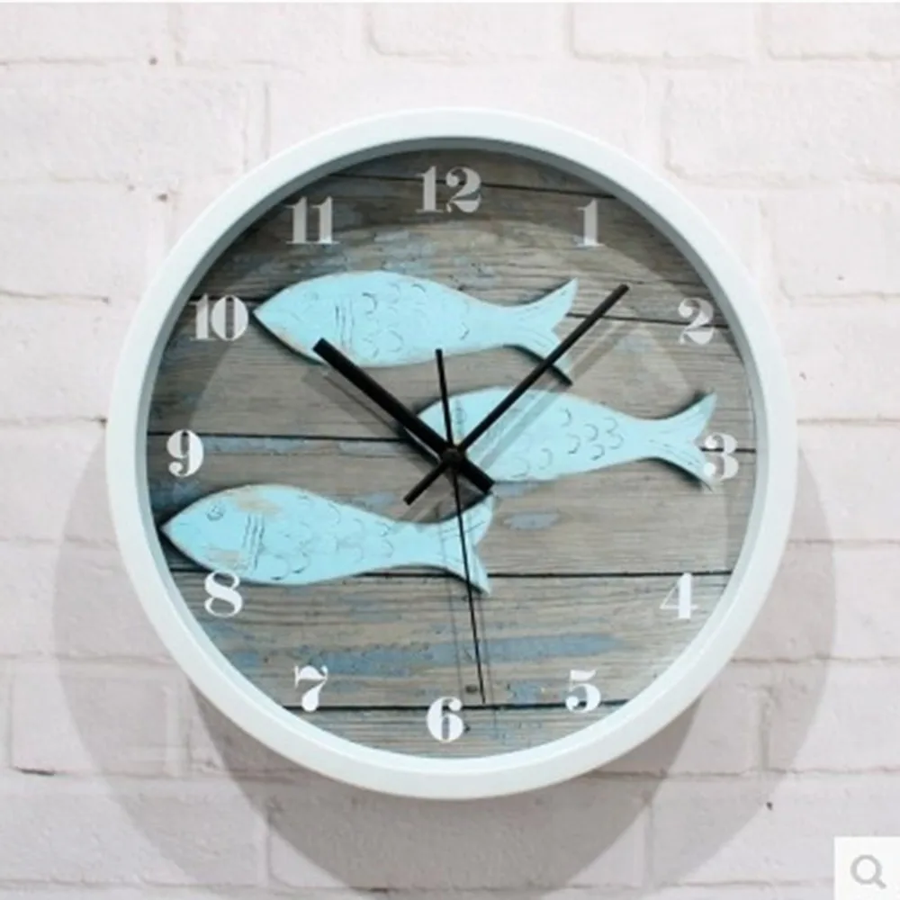 

Three-dimensional Small Fish Wall Clock Quartz Mute Wall Clocks Mediterranean Nordic Life Buoy Lighthouse Nostalgia Rot Wood