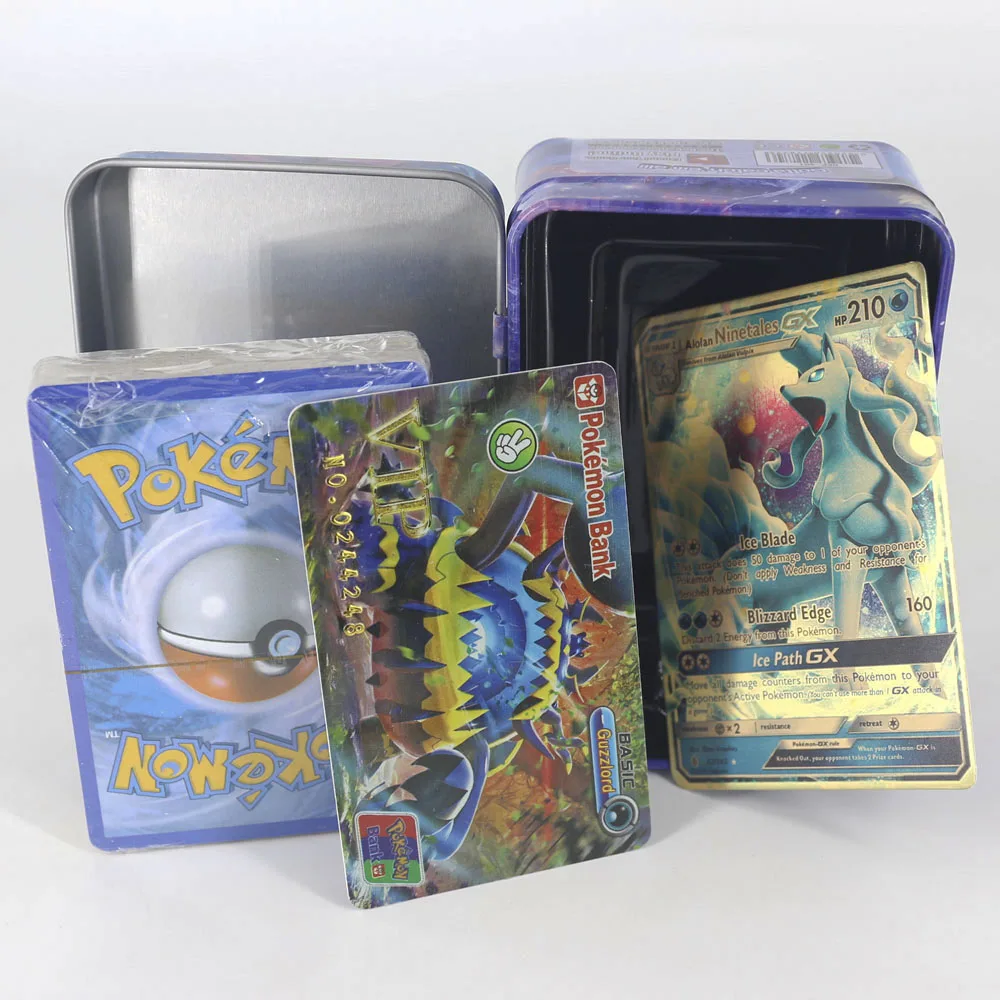 TAKARA TOMY 42pcs Pokemon Cards for Kids Play Card Toy Collections Metal Box VIP Gold Card