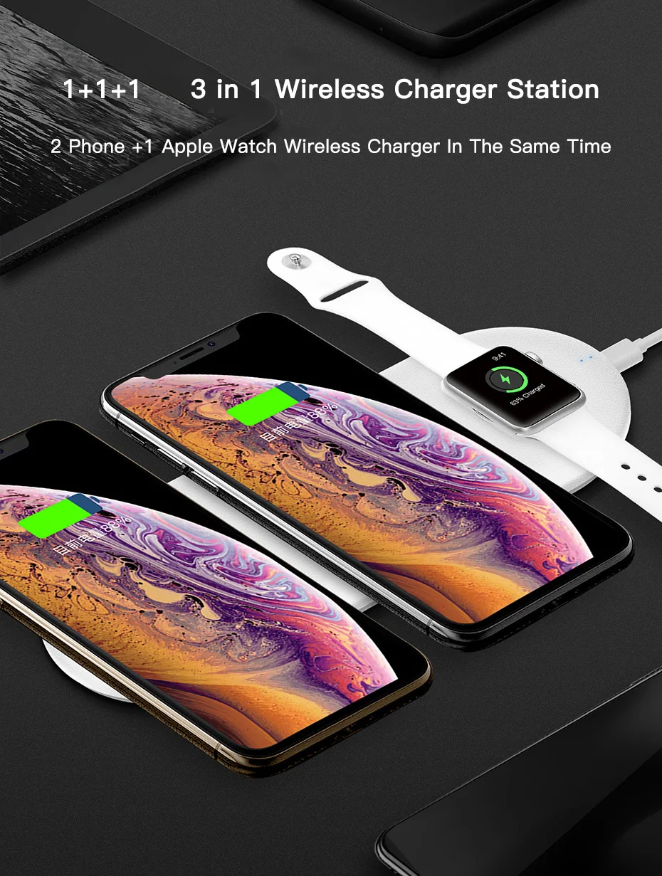 3 в 1 беспроводная зарядная станция для iPhone X XS MAX XR Qi Быстрая зарядка Беспроводная зарядная панель для Apple Watch Airpods Подставка для зарядки