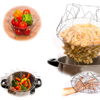 

New Foldable Steam Rinse Strain French Fry Chef Basket Magic Folding Basket Mesh Basket Strainer Kitchen Cooking Tools