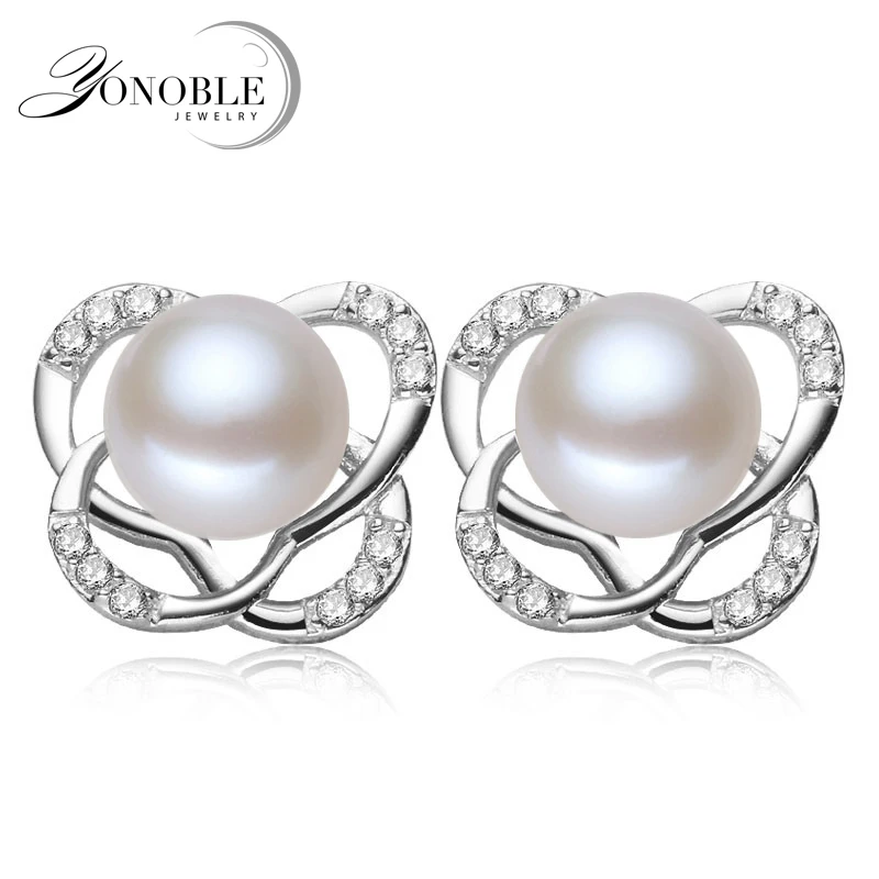

YouNoble White Real Natural Freshwater Pearl Earrings Women,wedding 925 Silver Earring Best Gift