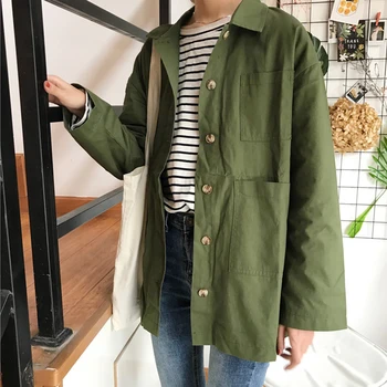 

Ladies Daily Solid Casual Spring Autumn Big Pocket Long Sleeve Top Fashion Button Loose Turndown Collar Women Coat Outwear