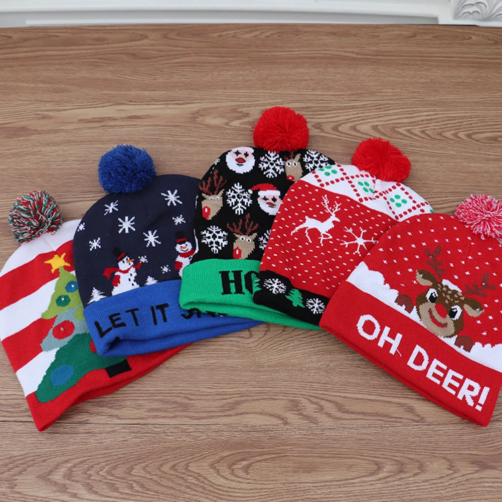 Рождественские шапки со светодиодный светильник, Мягкая вязаная шапка Санта-Клауса, снеговика, оленя, рождественские шапки для взрослых и детей, вечерние рождественские шапки, Рождественский Декор