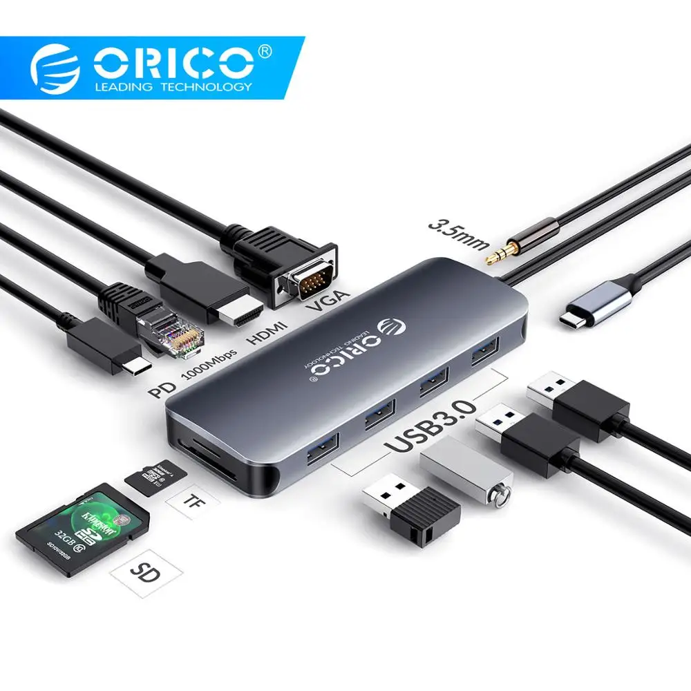  ORICO USB C HUB to USB3.0 HDMI VGA 100W PD RJ45 Card Reader Audio Adapter Dock for MacBook Pro Acce
