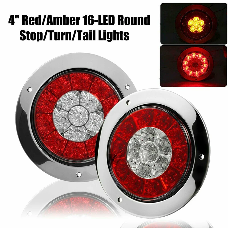 

12V-24V Red & Yellow Round Red/Amber 16-LED Truck Trailer Brake Stop Turn Signal Tail Lights