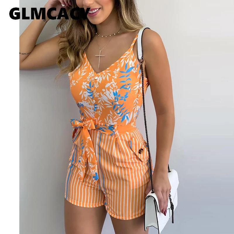 Women Tropical Print Knotted Design Romper Playsuits Sleeveless Casual Summer Holiday Beach Jumpsuits One Piece Rompers Monos Women Tropical Print Knotted Design Romper Playsuits Sleeveless Casual Summer Holiday Beach Jumpsuits One Piece Rompers Monos