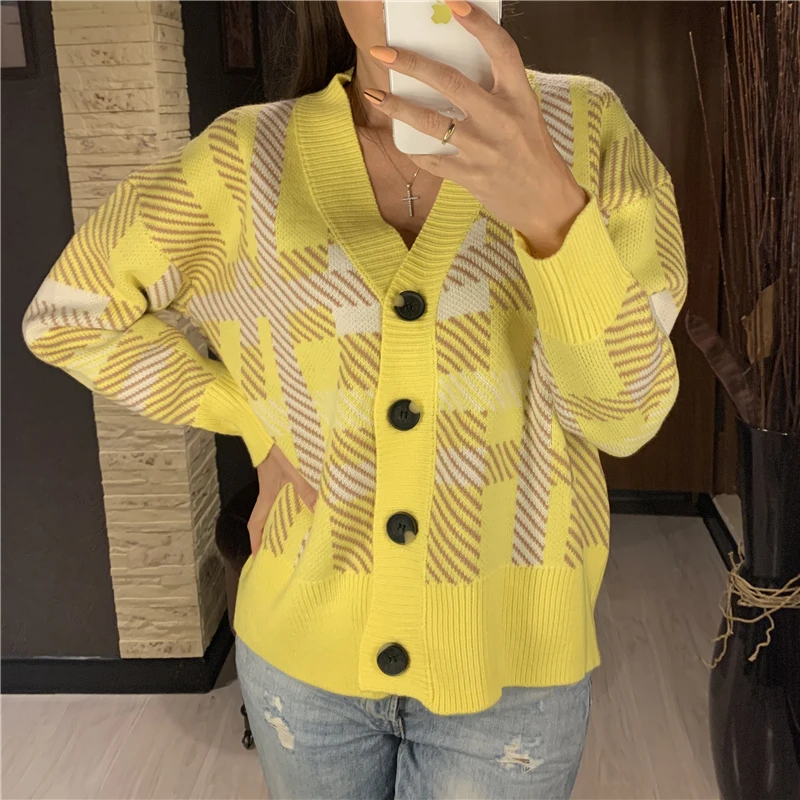Sweaters Cardigans Checkered Plaid Colorfaith Korean Fashionable Womens Knitwears Buttons