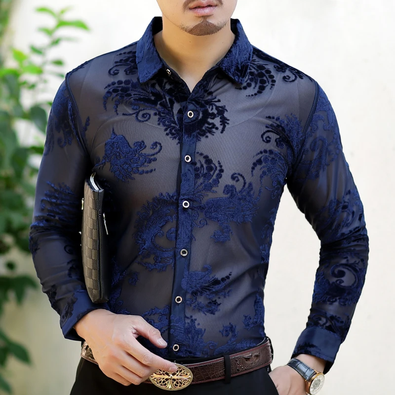 Мужские черные бархатные рубашки с длинным рукавом, Повседневные Вечерние рубашки Camicia Uomo Elegante, сексуальные мужские кружевные рубашки 2019