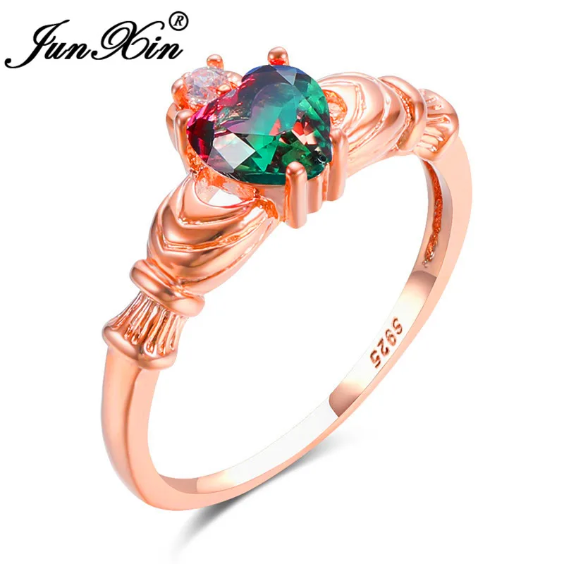 Gold Red Green Градиент Радуга огонь Хрустальное сердечко любовь кольца для женщин серебро розовое золото красочный красный, зеленый камень Claddagh кольца, обручальные кольца - Цвет основного камня: Gold Red Green
