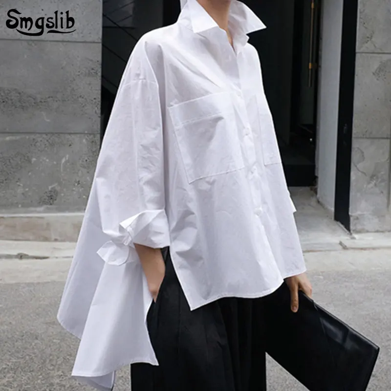 

2019 New Autumn Winter Lapel Long Sleeve jersey White Back Long Loose Big Size Irregular Shirt Women Blouse Fashion Tide