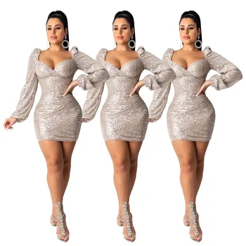 

BacklakeGirls Sexy Deep V Neck Long Sleeve Cocktail Dress Jurk Sparkling Sequined Above Knee Night Club Dress Vestidos