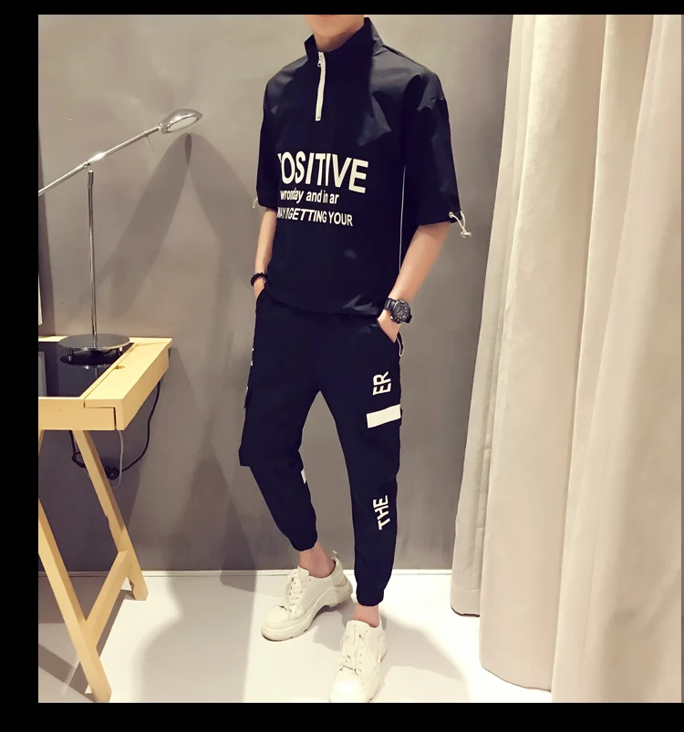 VOGUELEO Autumn Jogger Set Cargo Style Slim Polyster Three Quarter Sets Khaki Black Mandarin Collar Casual Sport Pants