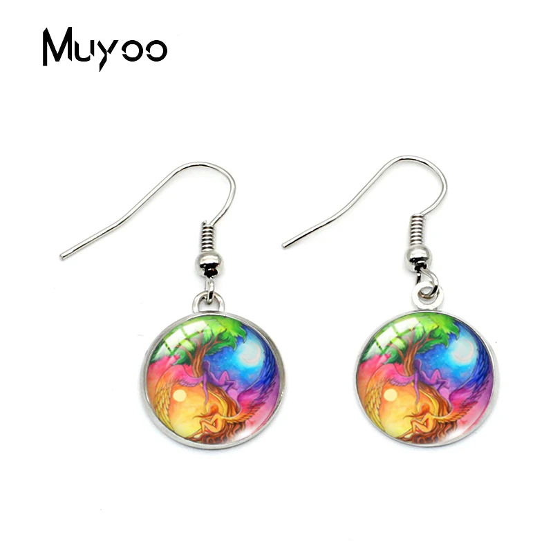 

Vintage Colorful Tree of Life Designs Glass Dome Round Fish Hook Earrings Beauty Trees Patterns Jewelry Dangle Earrings