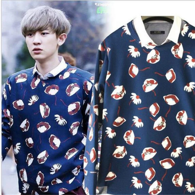 Mainlead KPOP EXO CHANYEOL с цветочным принтом Синяя толстовка с капюшоном THE WAR Sweatershirt стиль