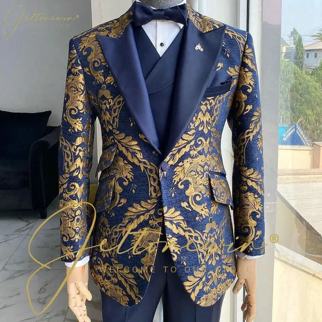 Floral Mens Blue Jacket Blazer Navy Blue Gold Printed Floral Mens Suits  Slim Fit Jacket Vest