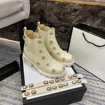 

Prowow New Genuine Leather Women Sexy Platform Boots Round Toe Slip On Med Heels Crystal Women Boots Zapatos De Mujer