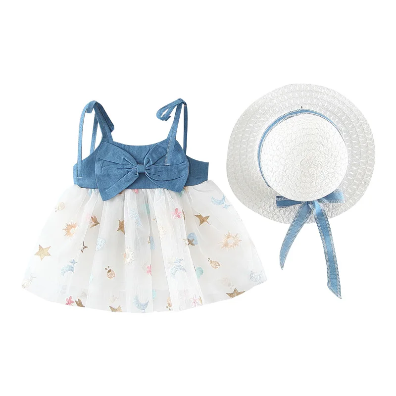 Kids Baby Girls Princess Dress Girls Fancy Denim Dress Free Bag/Hat Summer Infant Lovely Party Birthday Baptism Mesh Dress - Цвет: C