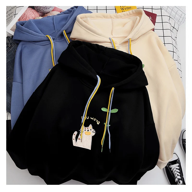 Shellsuning/зимние толстовки для женщин с принтом кота, Kawaii,, с карманом, худи, Корейская уличная одежда, мягкий, теплый, негабаритный пуловер, худи