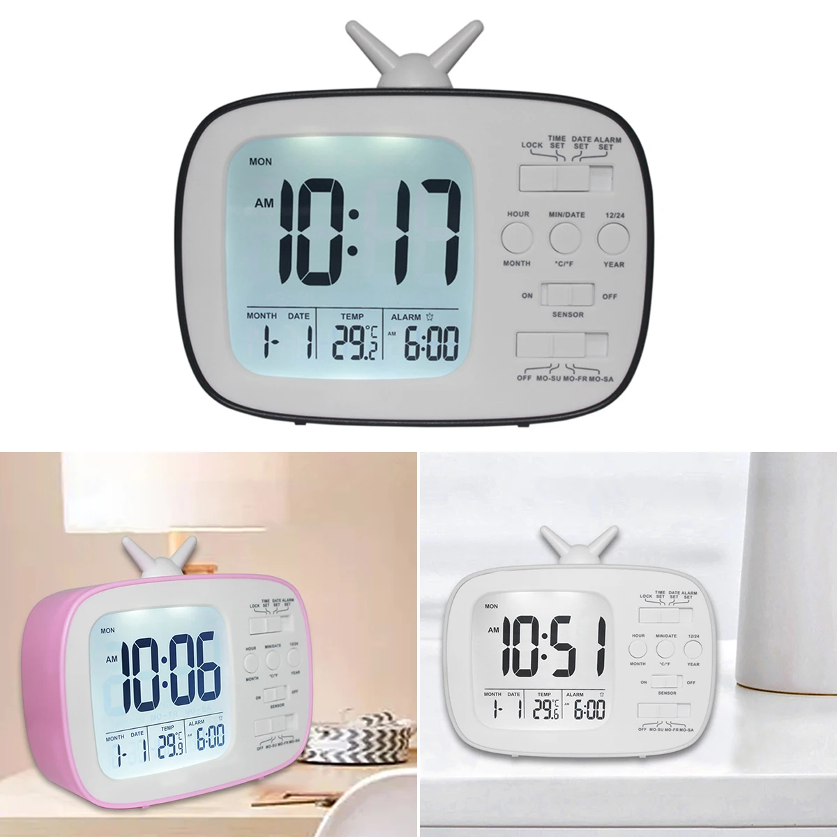 LCD Digital Desk Alarm Clock Bedroom Bedside Snooze Wake Up Light Digital Clock Thermometer