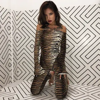 

Sexy Long Sleeve Jumpsuit Women Off Shoulder Bodycon Clubwear Tigrina Leopard Printed Party Casual Long Jumpsuit Trouser
