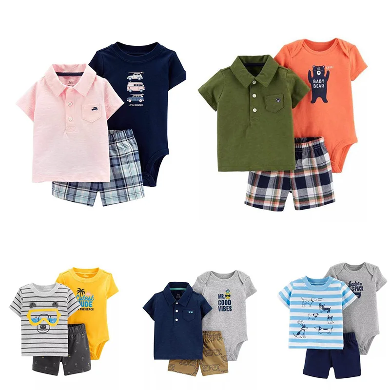 Baby Boy Cotton White T Shirts Clothes Striped O-Neck 3pcs bebes Rompers+Top+Short Pants Newborn Jumpsuits Clothing Sets |