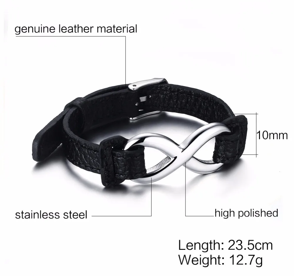 Mens Bracelets Stainless Steel Infinity Love Black Leather Bracelet Men Women Bangles Fashion Jewerly Accessories Pulseira 116