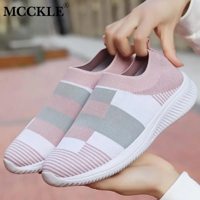 MCCKLE/Женские повседневные кроссовки; вязаные мокасины; Вулканизированная обувь; женские эластичные слипоны на плоской подошве; Женская прогулочная обувь размера плюс
