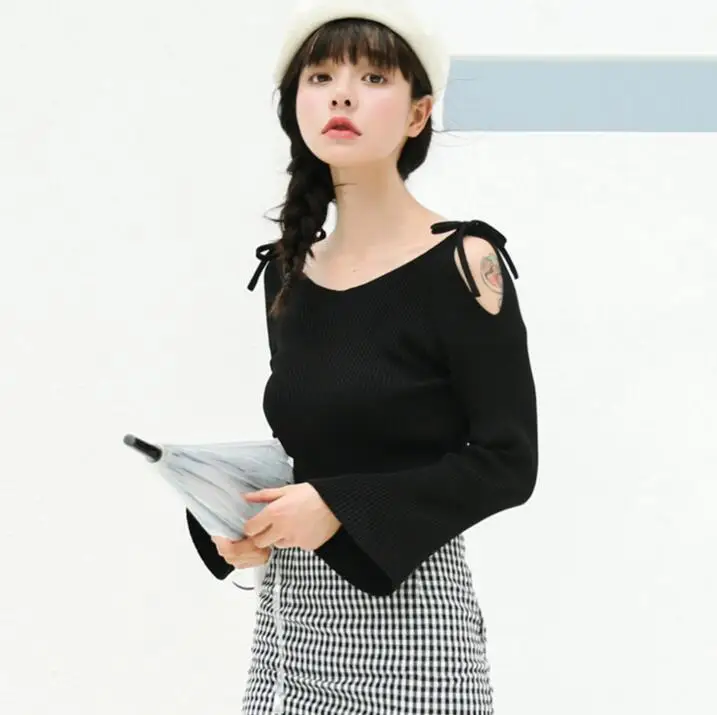 Женские свитера Kawaii Ulzzang Осень с открытыми плечами свитер с ремешками женский корейский Толстый Harajuku одежда для женщин - Цвет: Черный