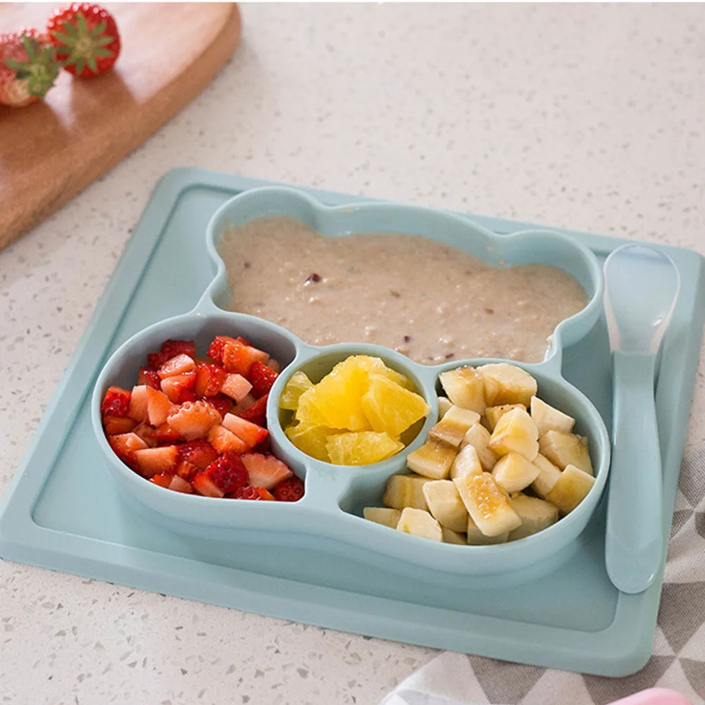 Тарелка с мультяшным медведем, столовая посуда, стол для детей, Детский поднос для еды, силиконовая противоскользящая присоска для кормления с ложкой, милый