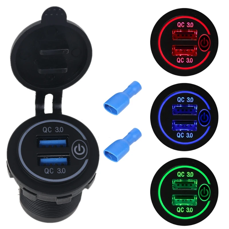 Waterproof 12V 24V Dual QC3.0 USB Car Adapter with On/Off Touch LED Light for Mobile Phone GPS Truck SUV Boat Bus