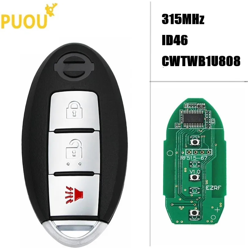 

3 Button Smart Remote Car Key Fob for Nissan Cube Juke Quest Leaf Versa Note 2011-2017 315mhz 46 Chip CWTWB1U808