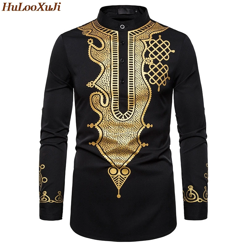 HuLooXuJi Men Vintage Casual Shirts Fashion African Style Gilding Printed Stand Collar Pullover Long Sleeve Shirts US Size:S-2XL