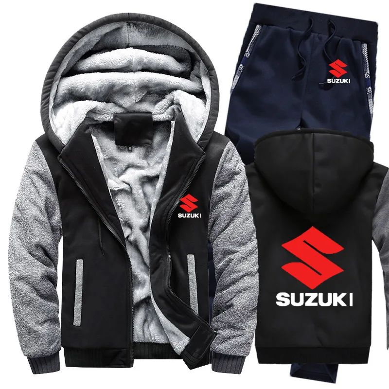 Мужские толстовки с капюшоном с логотипом Suzuki, мужские толстовки с капюшоном, зимний утепленный флисовый хлопковый спортивный костюм на молнии, мужская куртка+ штаны, комплекты из 2 предметов - Цвет: 807