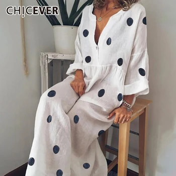 

CHICEVER Bohemian Dot Print Hit Color Dress For Women V Neck Three Quarter Sleeve Plus Size Loose Maxi Dresses Female 2020 New