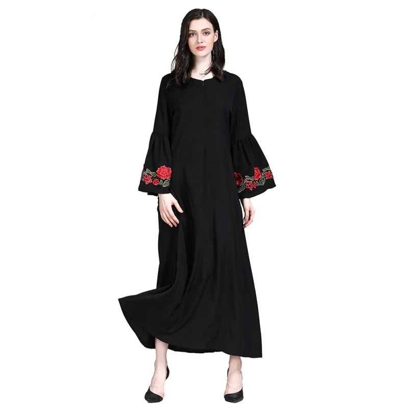 Мусульманское платье исламское одежда abaya s абайя Черная Женская с расклешенными рукавами Цветочная вышивка длинное платье весна осень платья