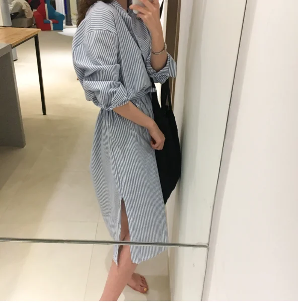 Женское платье рубашка в полоску летнее ТРАПЕЦИЕВИДНОЕ ПЛАТЬЕ с высокой талией и