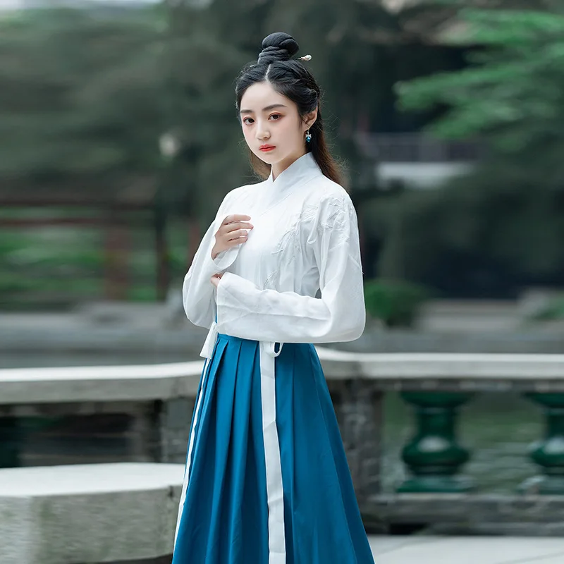

White Dynastie Tang Chinese Costume Clothing Traditional Vintage Hanfu Vintage Cotton Han Element Women Man Blue Skirt Elegant