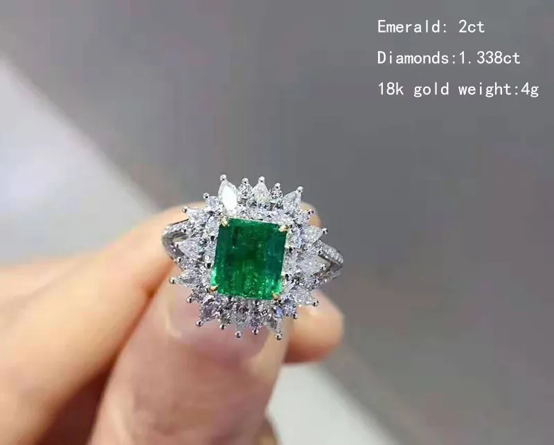 18K Золотые 2ct натуральный изумруд с 1.3ct натуральный кольцо c настоящим бриллиантом Обручение& Свадебные ювелирные изделия имеют сертификат 08