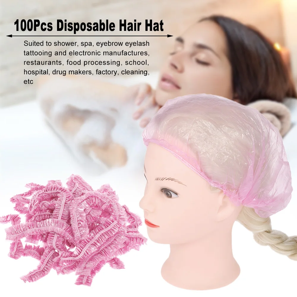 

100Pcs Disposable Hair Hat Net Shower Cap Waterproof Head Cover Hat for Showering Eyelash Eyebrow Tattooing Spray Random Color