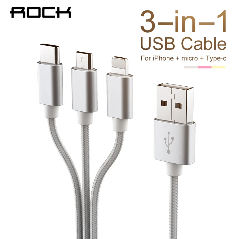 Кабель передачи данных ROCK с 3 типами разъемов lightning micro-USB Type-C длина 120 см серый |