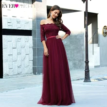 Элегантные бордовые платья для выпускного вечера, длинные красивые платья трапециевидной формы с открытыми плечами и рукавом 3/4, цветочные кружевные вечерние платья Vestidos De Gala