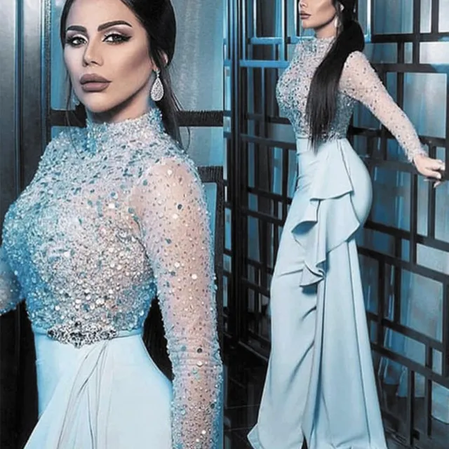$US $134.99 Vestidos Formales High Neck Beaded Evening Dresses 2021 Long Sleeve Sparkly Sequins Prom Party Gown Dubai Morocco Kaftan