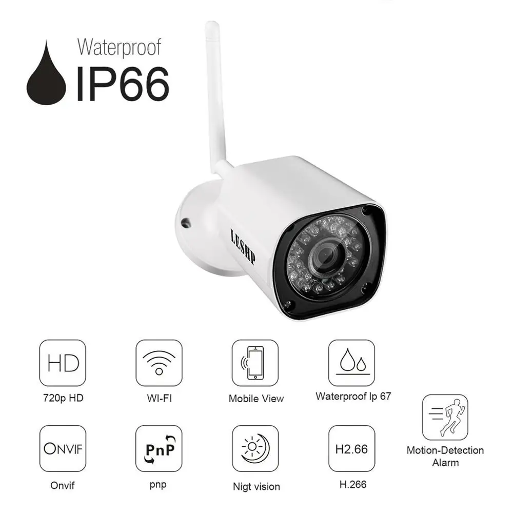 

LESHP Durable H.264 1.0 MP1280X720 HD WIFI Security Mini IP IR Bullet Camera SN-IPC-4007FSW10 Network Surveillance Camera