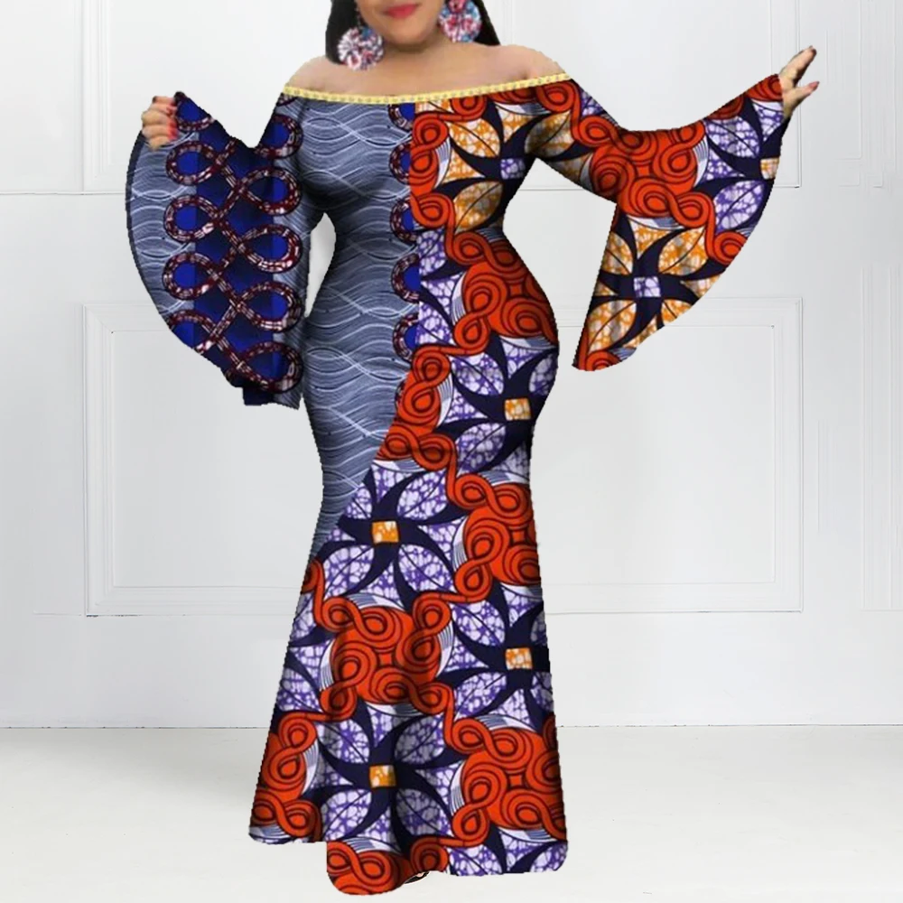 Африканское женское винтажное печатное вечернее платье Макси сексуальное с открытыми плечами осеннее с длинным рукавом бодикон размера плюс вечернее длинное платье русалки - Цвет: Синий