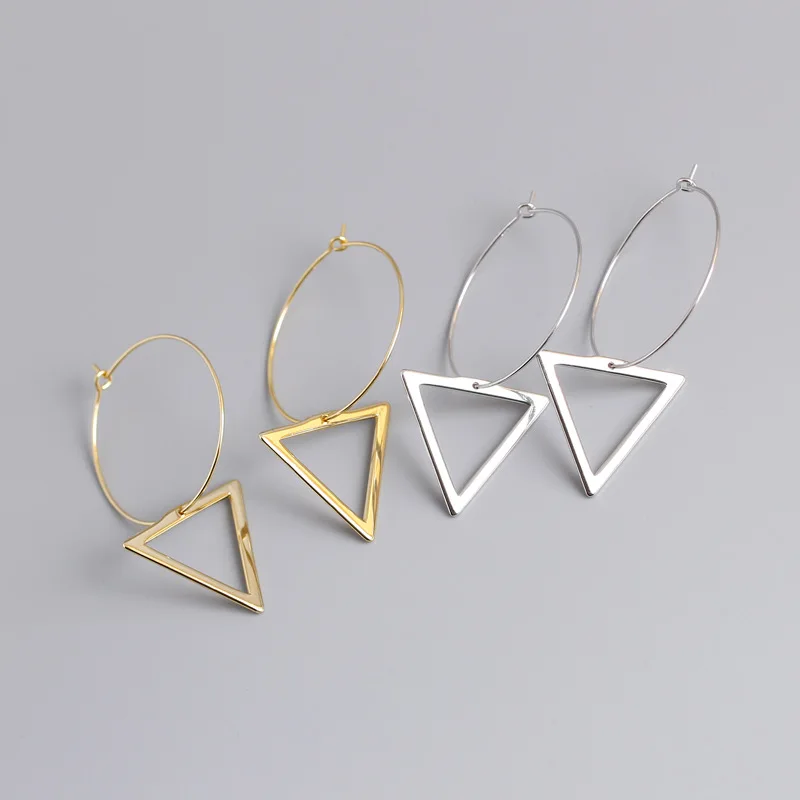 Silvology 925 Sterling Silver Triangle Big Pendant Hoop Earrings Fashion Minimalist Long for Women Exaggeration Jewelry | Украшения и