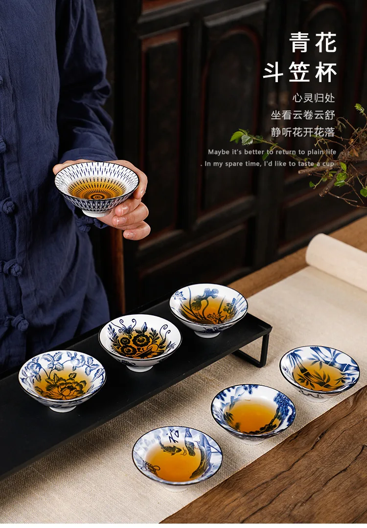 Description Picture 6 of item1PCS Blue And White Porcelain Cone Teacup Anti Scaling Hand-Painted Ceramic Tea Bowl Travel Meditation Cup Chinese Tea Set 40ml