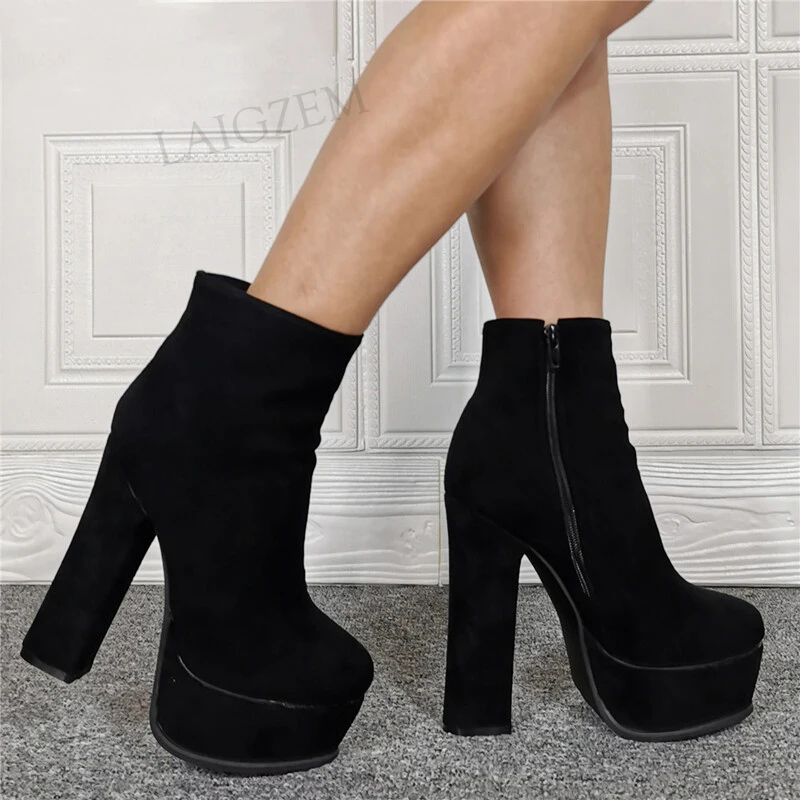 

BERZIMER Women Ankle Platform Boots Block High Heels Booties Botas Mujer Faux Suede Shoes Woman Customize Big Size 41 44 47 52