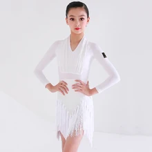 Детская латинская платье для танцев профессиональной подготовки платье для танцев с белой отделкой юбка осень-зима Сальса платье конкуренции в латинском стиле для детей, платья